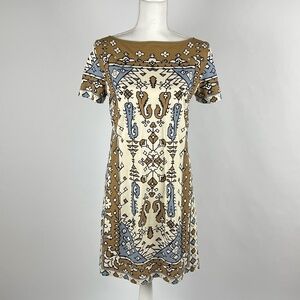 Tory Burch Tile Print Cotton Wheat Lisbon Short Sleeve Dress